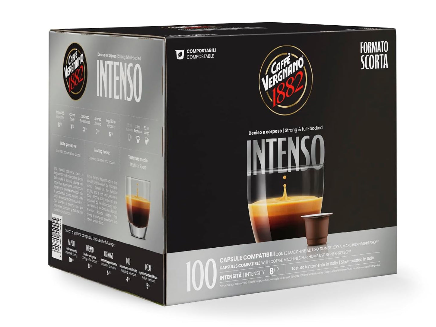 Caffè Vergnano 1882 - Èspresso Kompostierbare Kaffeekapseln , kompatibel med Nespresso, Intenso (Intenso) - Packung Enthält 100 Kapseln
