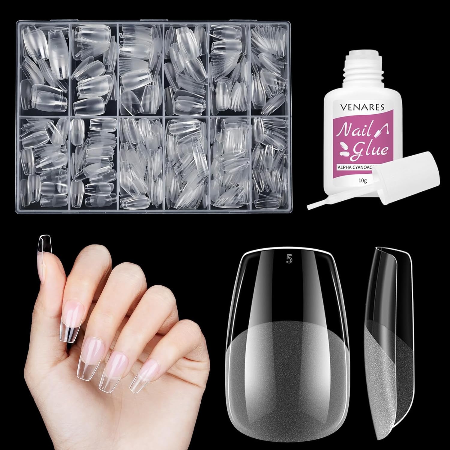 Korta lösnaglar Ballerina 500st lim på 12 storlekar konstgjorda naglar Korta mjuka gel Heltäckande Nageltips för gelnaglar Korta S