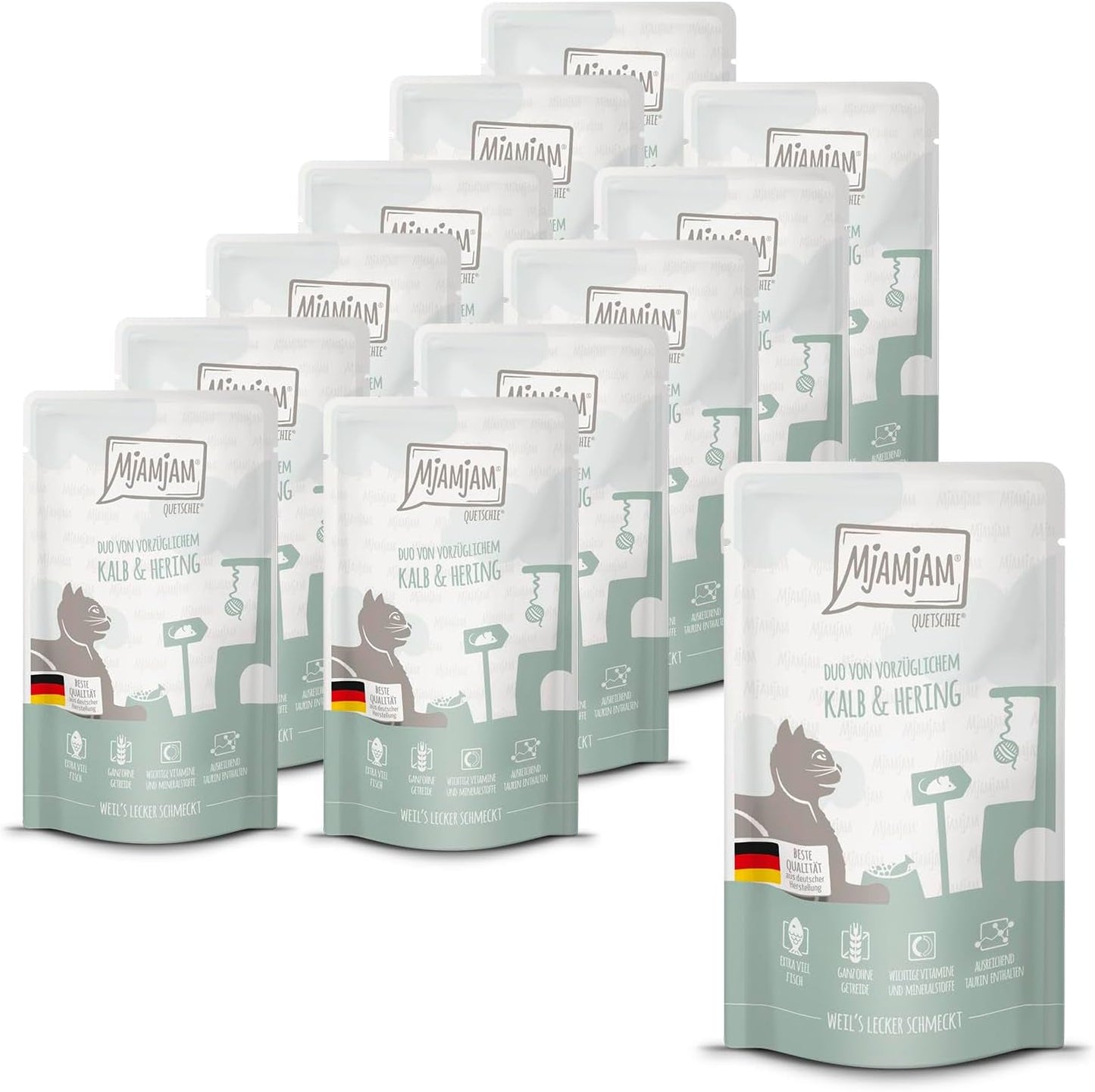 MjAMjAM - Premium våt kattmat - Klämbar påse - DUO med raffinerat kalvkött och sill, förpackning om 12 (12 x 125g), spannmålsfri