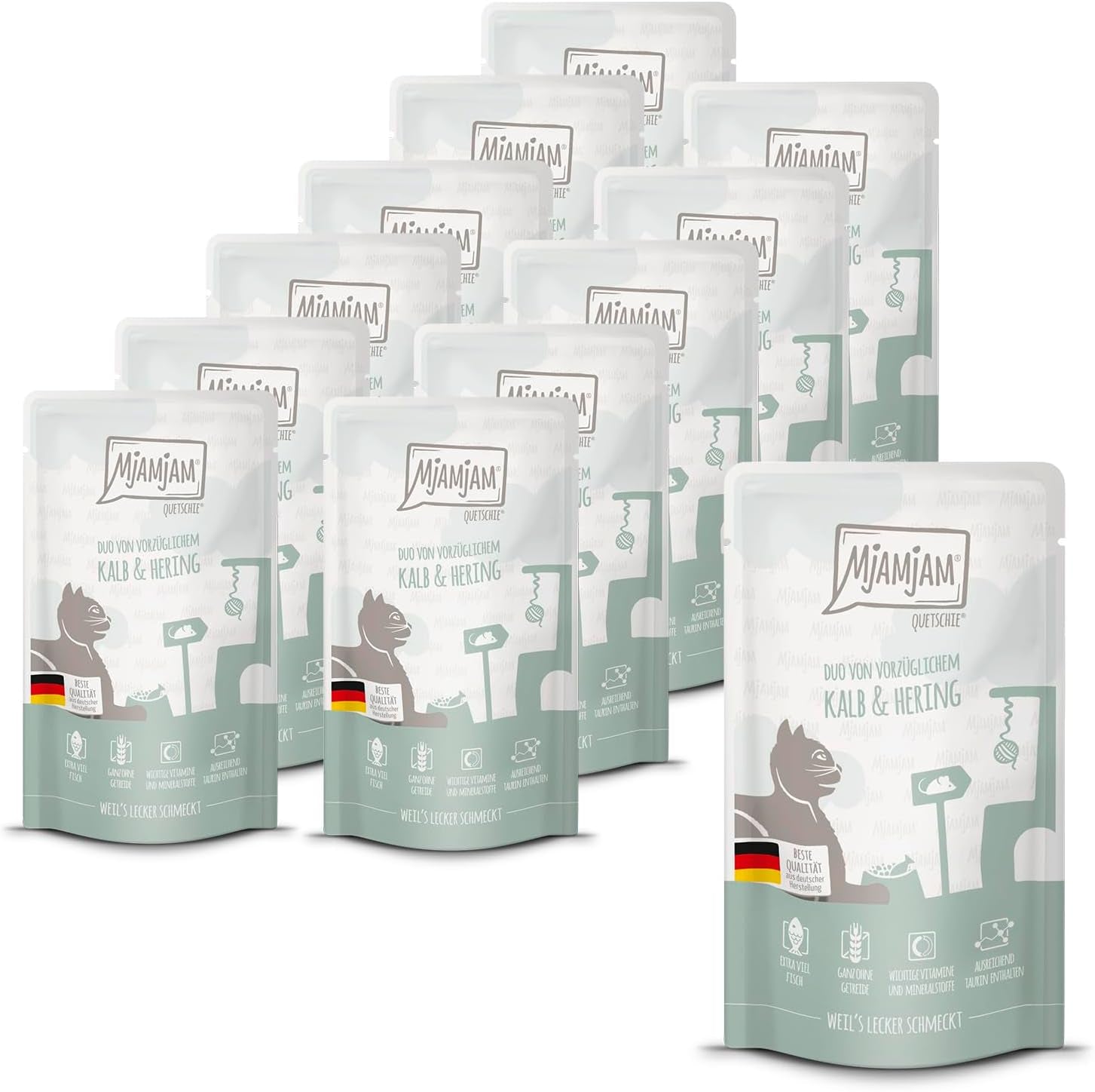 MjAMjAM - Premium våt kattmat - Klämbar påse - DUO med raffinerat kalvkött och sill, förpackning om 12 (12 x 125g), spannmålsfri