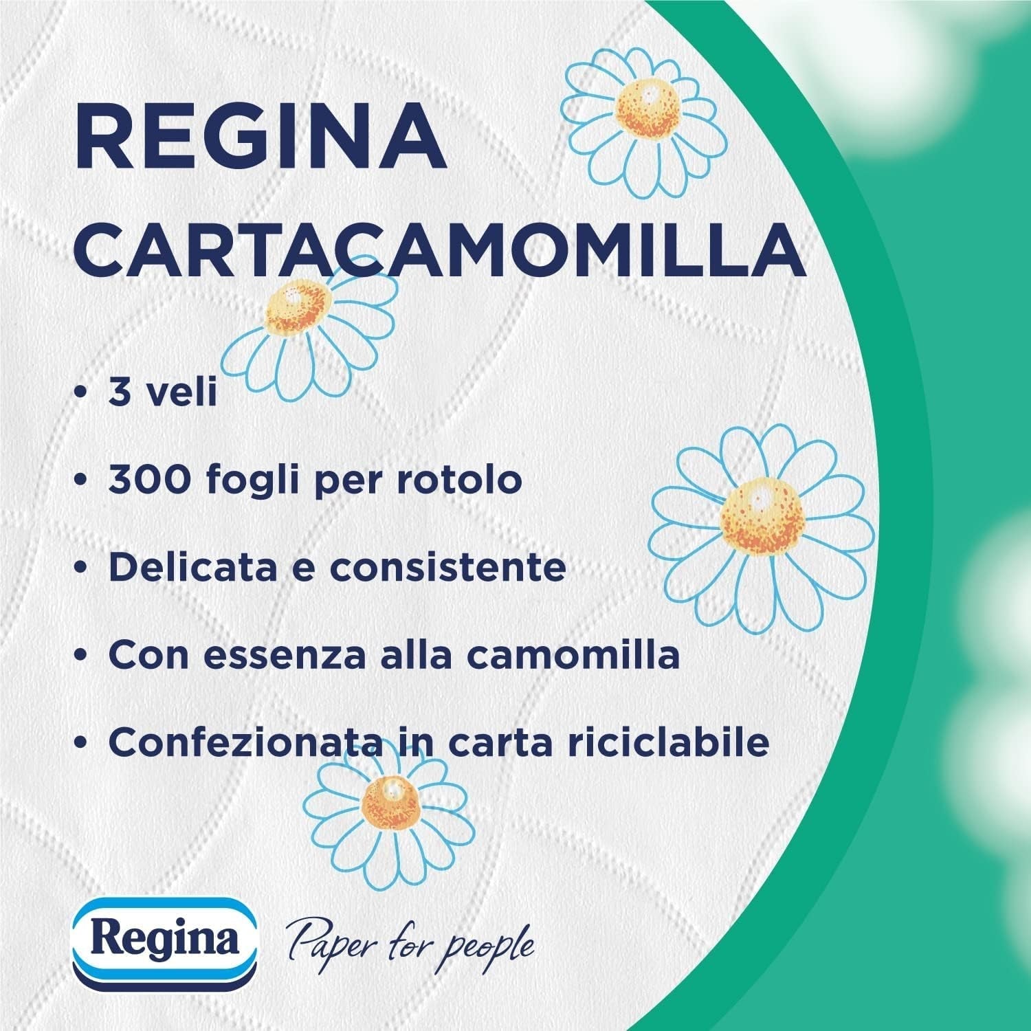 Regina Cartacamomilla - 8 rullar toalettpapper, 300 fluffiga ark, 3 lager, mjukt och fast, återvinningsbart pappersförpackning