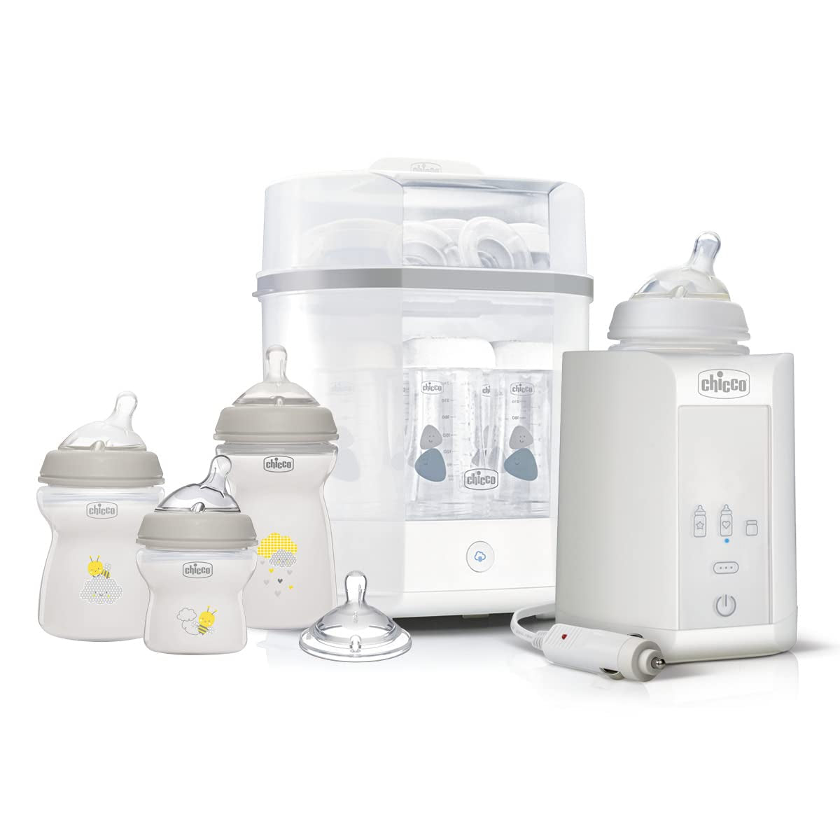Chicco modulär sterilisator med torkfunktion, nappflasksterilisator, tandring och napp med autostopp, mikrovågssäker, lämplig för sterilisering av upp till 6 flaskor på 330 ml