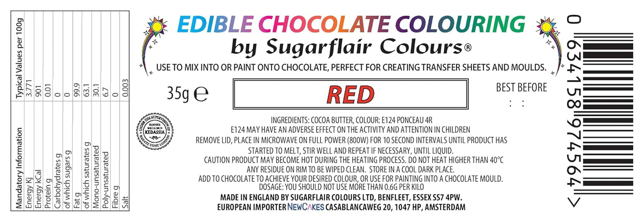 Matfärg Sugarflair Chocolate Matfärg för röd choklad - Färgat ekologiskt kakaosmör, chokladfärg för färgning av choklad, praliner - 35g