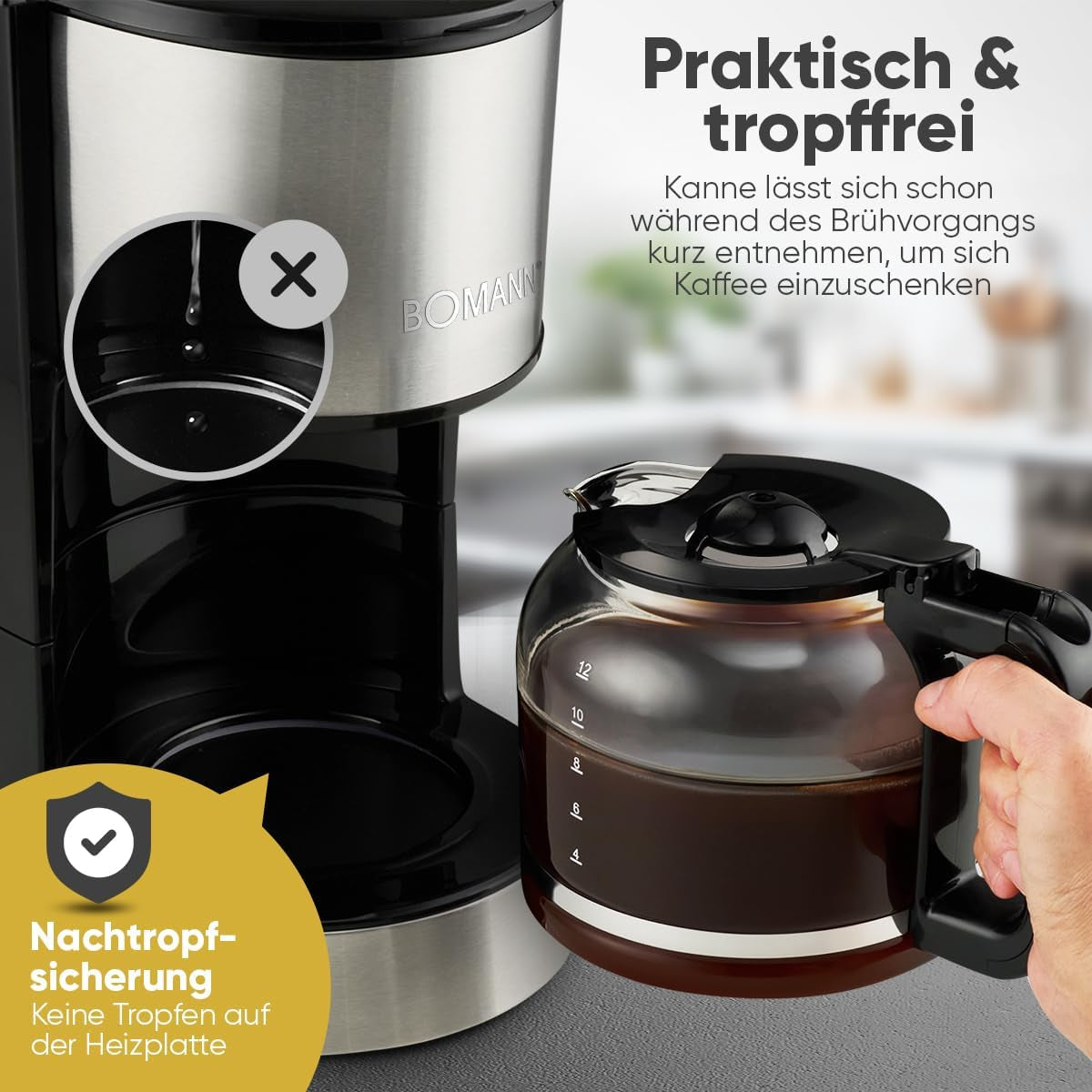 Espressomaskin med Bomann® filter | för 12-14 koppar | Kaffeespressomaskin med filter | Fodral i rostfritt stål | Anti-dropp | Espresso | Kaffeespressomaskin med filter | 800W | KA 6071 CB