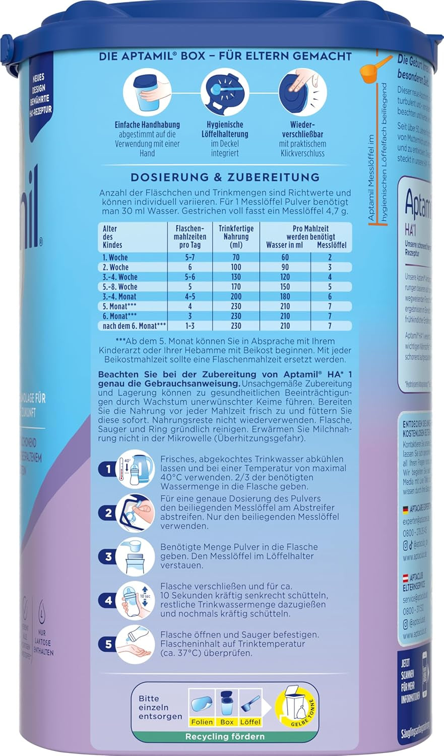 Aptamil HA 1 - Modersmjölksersättning från födseln, med DHA, laktosfri, palmoljefri, barnmat, mjölkpulver, 1 x 800 g
