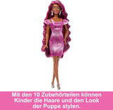 Barbie Doll Roligt Snyggt hår med extra långt färgglatt svart hår och gnistrande rosa klänning 10 frisyrer och modeaccessoarer JDC86