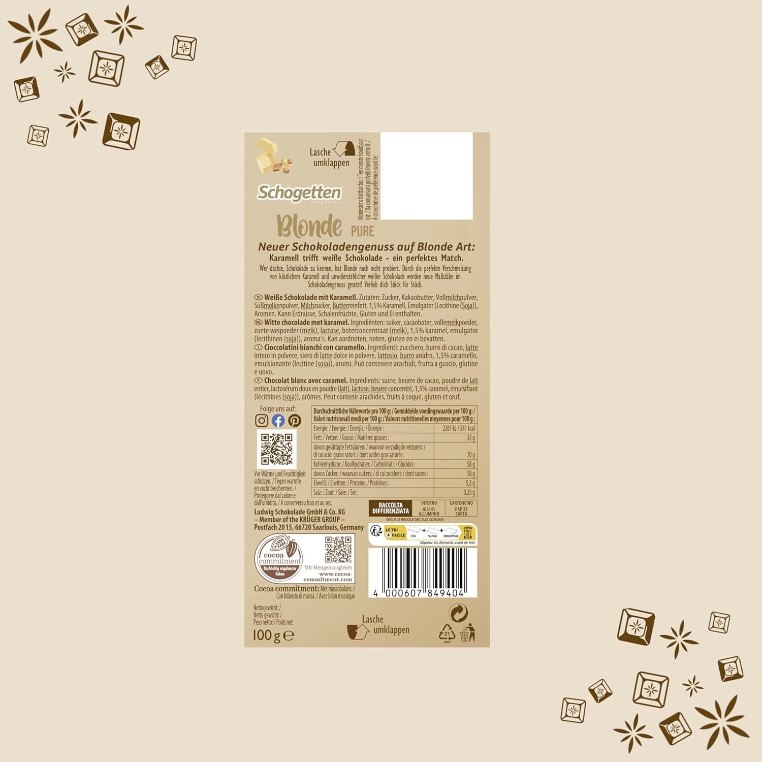 Schogetten Blonde Pure I vit choklad med kola I 100 g I individuellt portionerade (förpackning om 2)
