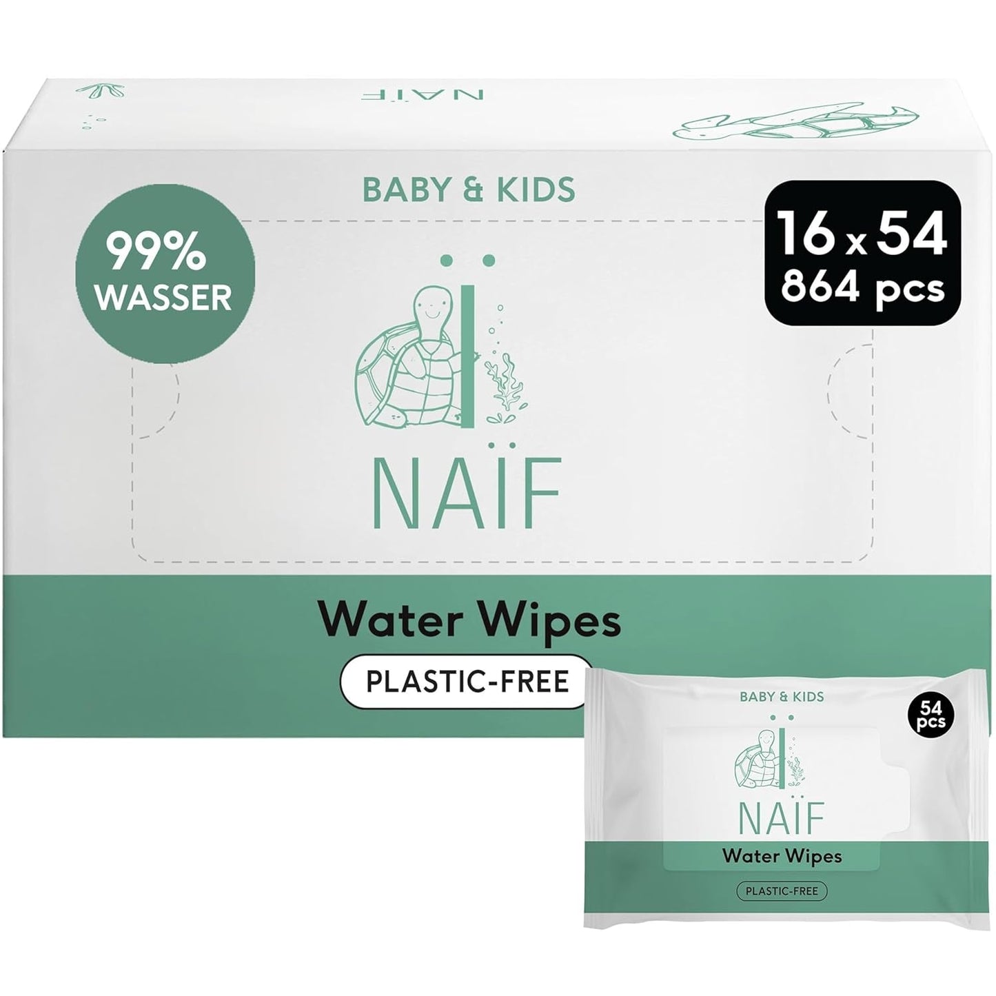 Naïf - Plastfria våtservetter - 864 stycken (16 förpackningar med 54 våtservetter) - Vård för bebisens rumpa, kropp och ansikte - 99% vatten - 0% parfym och alkohol
