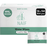 Naïf - Plastfria våtservetter - 864 stycken (16 förpackningar med 54 våtservetter) - Vård för bebisens rumpa, kropp och ansikte - 99% vatten - 0% parfym och alkohol