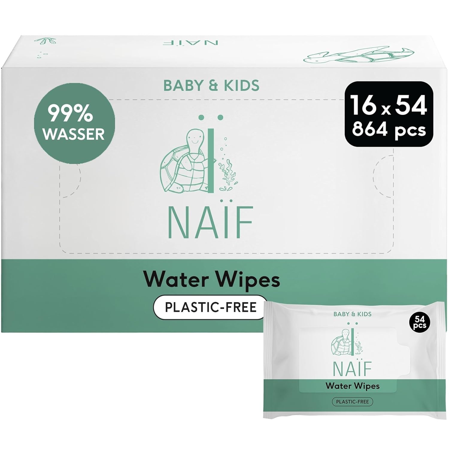 Naïf - Plastfria våtservetter - 864 stycken (16 förpackningar med 54 våtservetter) - Vård för bebisens rumpa, kropp och ansikte - 99% vatten - 0% parfym och alkohol