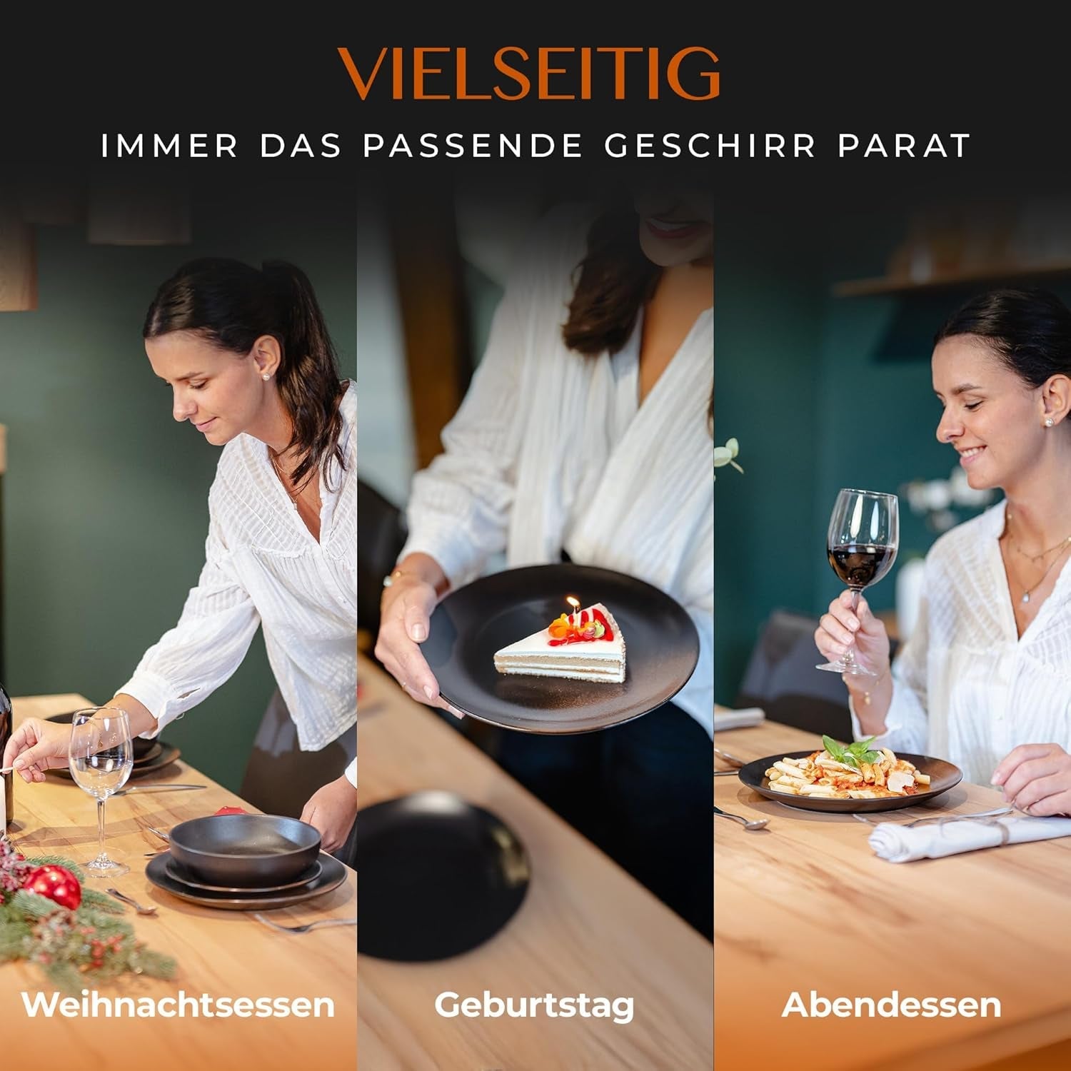 12-delat servisset i stengods - Prairie Line - Elegant design i bruna/svarta toner, set med 4 middagstallrikar, 4 desserttallrikar och 4 middagstallrikar/premiumkollektion