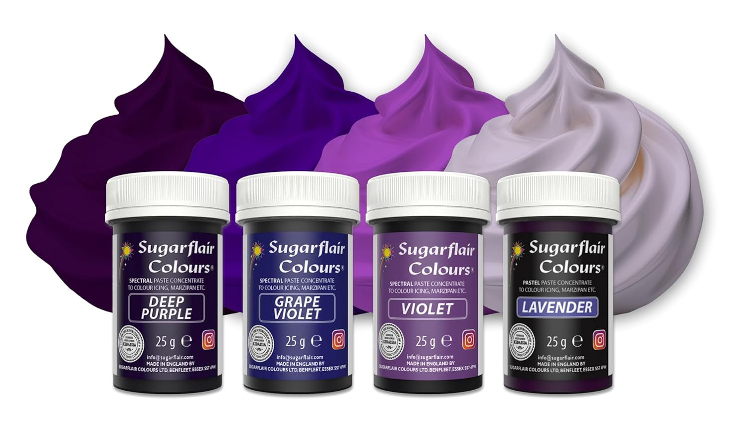 Sugarflair Pasta Matfärgning Lila Set med 4 Pasta Matfärg Fondant Marsipan Sockerpasta Smörkräm med mera: Lila, Lavendel, Grape Lila, Deep Purple - Set med 4