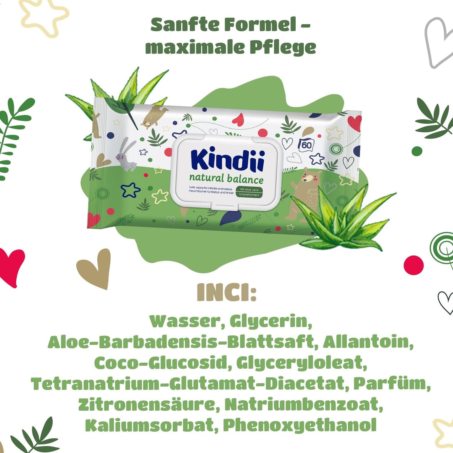 Kindii Natural Balance våtservetter för bebis – (1 x 60 st.) Våtservetter för bebisar och barn – Skyddande, Aloe Vera, Delikat doft – 60 st.