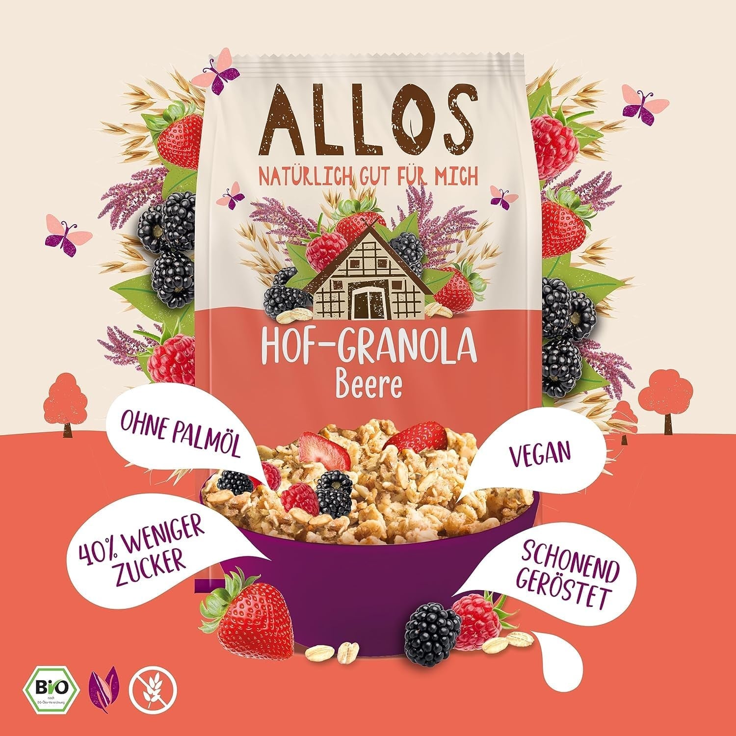 Allos Hof Granola med bär | Ekologisk müsli | Müsli med bär | Krispig müsli | Spannmål till frukost | Förpackning om 6 (6 x 300 g), 1 st (förpackning om 6)