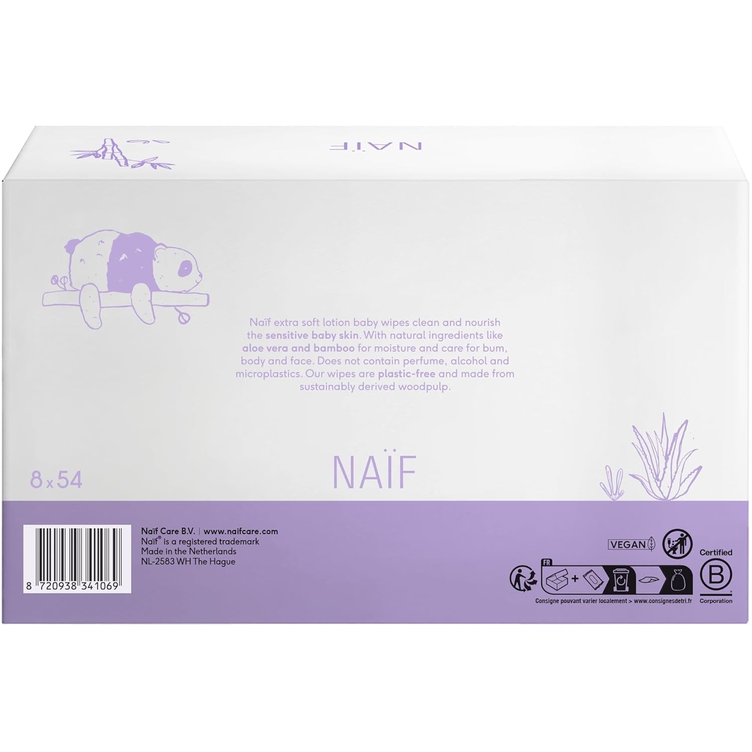 Naïf - Våtservetter med plastfri lotion - 1296 stycken (24 förpackningar med 54 våtservetter) - för spädbarn och barn - Babyrumpa, kropp och ansikte - med Aloe Vera och bambu - 0% doft och alkohol
