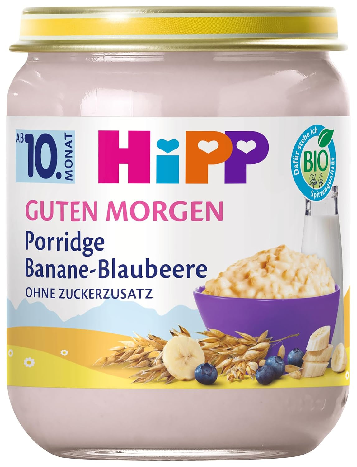HiPP Good Morning ekologisk havregryn med bananer och blåbär (6 x 160g), från 10 månader, inget tillsatt socker, gott varmt och kallt, bästa ekologiska kvalitet
