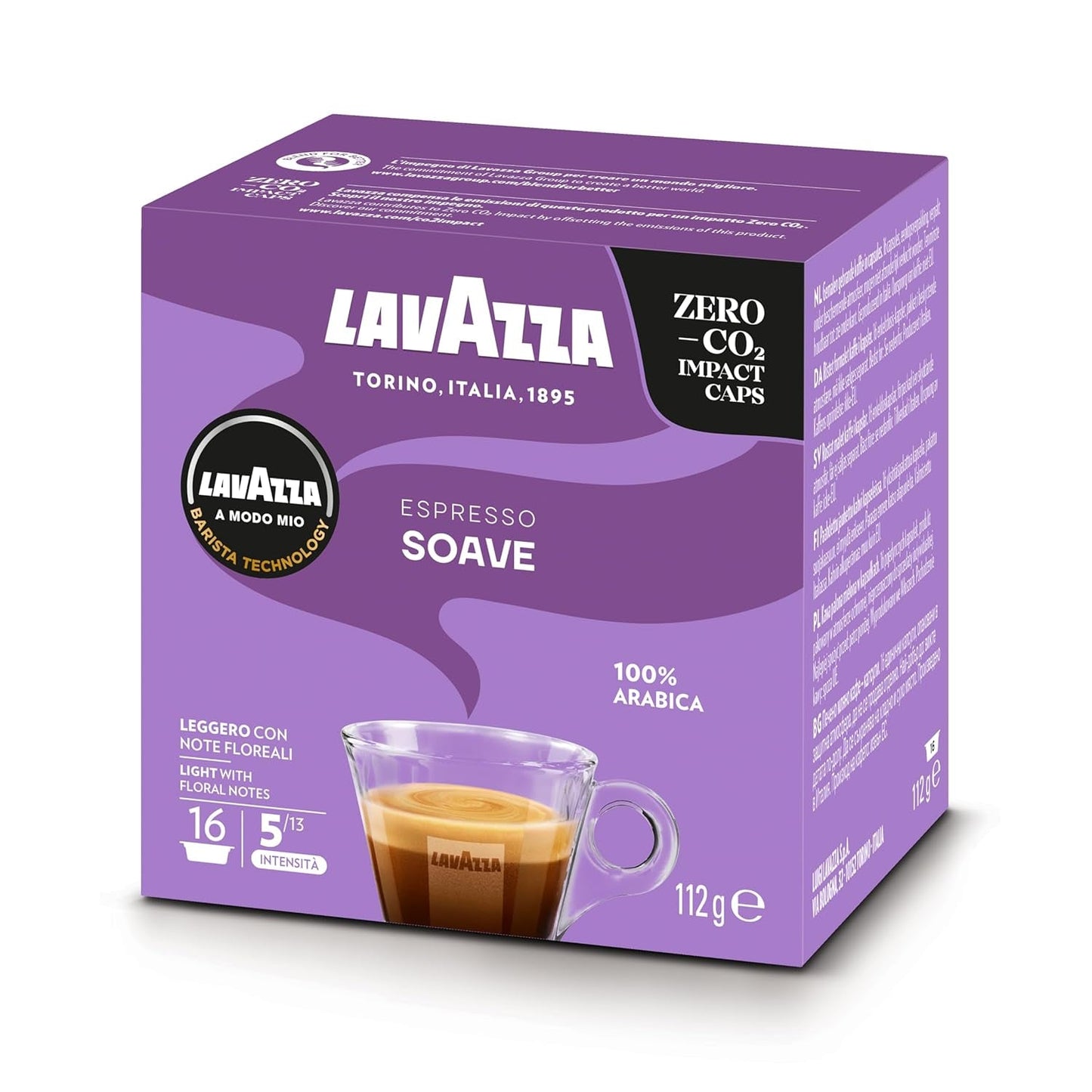 Lavazza, A Modo Mio Soave 256 Kaffeekapseln, für einen leichten och eleganten Espresso mit aromaticschen Noten von Blumen, 100% Arabica, Intensität 5/13, medium Röstung, 16 Packungen mit je 16