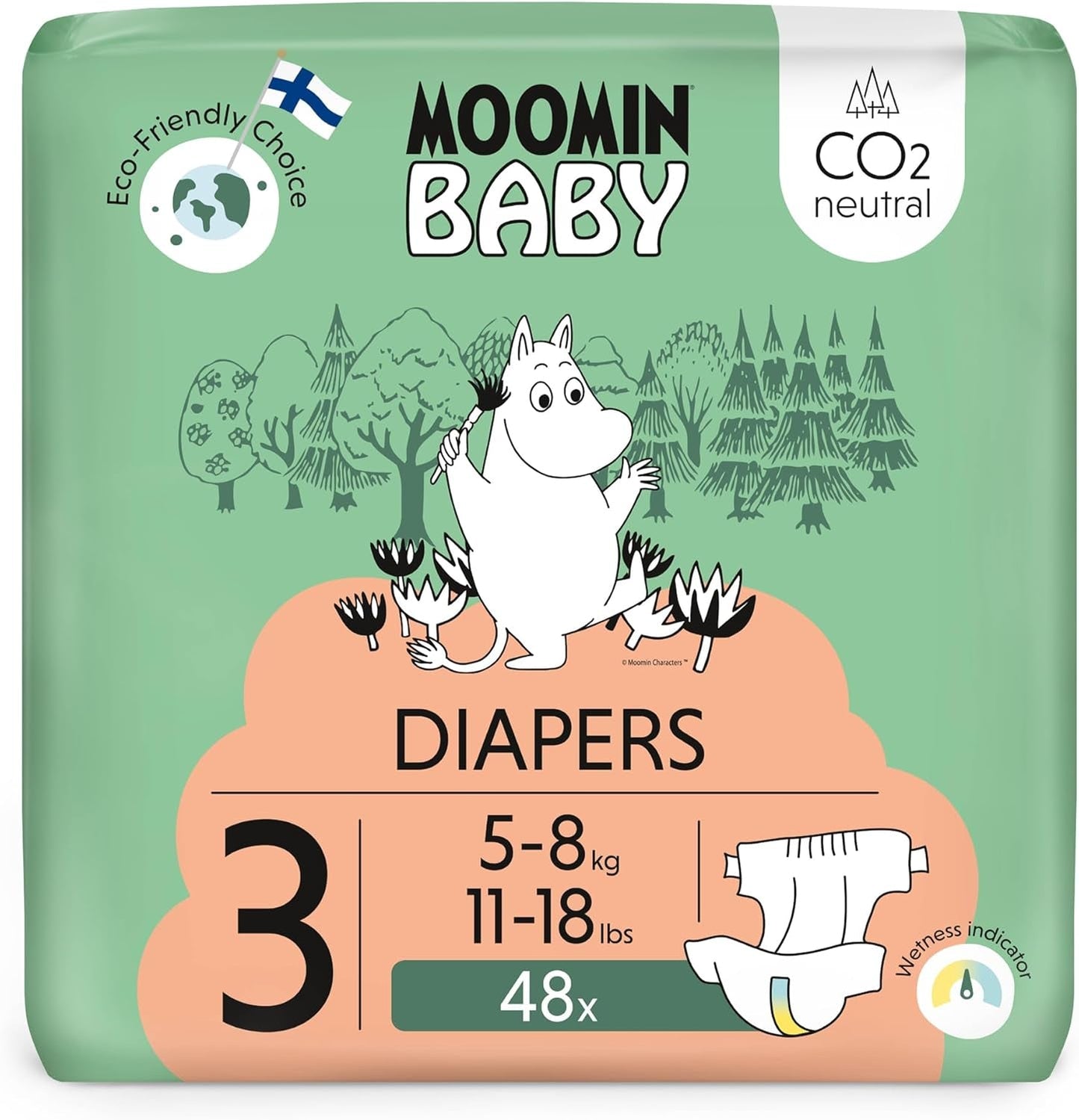 Mumin Baby Eco-blöjor, storlek 3, 5-8 kg, 48 delar, mjuka premiumblöjor | Mjuk och hudvänlig, andas, absorberande, inga onödiga kemikalier |