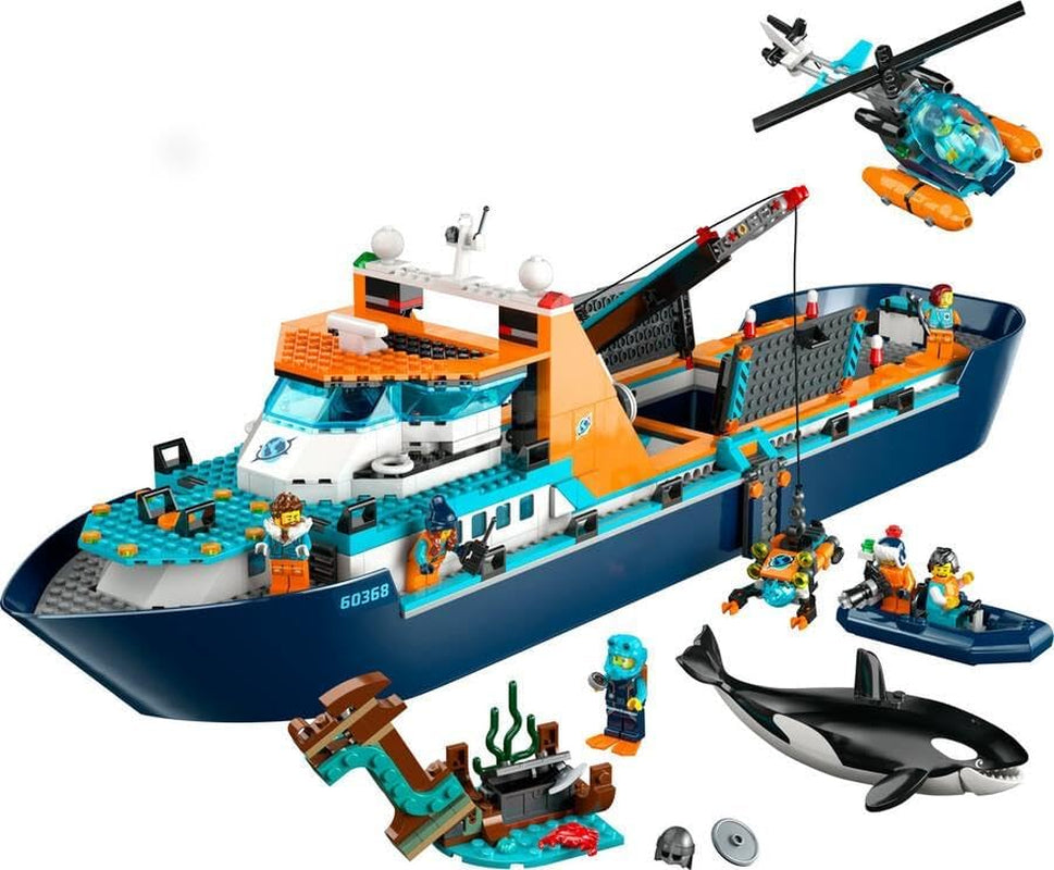 LEGO City Arctic Research Ship, stor flytande leksaksbåt med helikopter, uppblåsbar båt, Rov-ubåt, vikingavrak, 7 minifigurer och späckhuggarfigur, present till barn från 7 år och uppåt 60368 Byggset Besuche den LEGO-Store