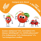 FRECHE FREUNDE Bio Quetschie Apple, Erdbeere, Himbeere mit Grieß, Fruchtmus mit Getreide i Quetschbeutel für Babies från 6. Månad, vegansk, 6er Pack (6 x 100g)