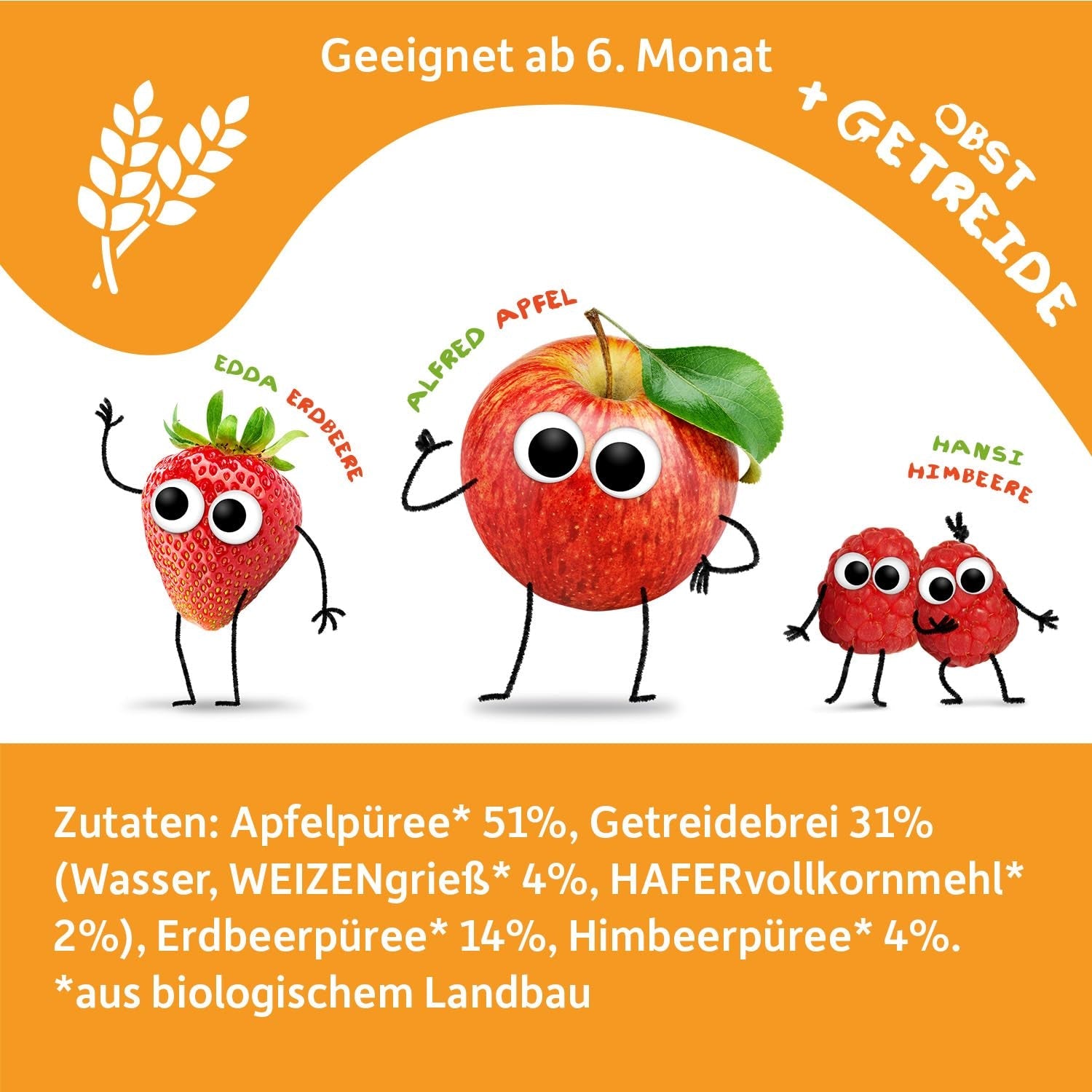FRECHE FREUNDE Bio Quetschie Apple, Erdbeere, Himbeere mit Grieß, Fruchtmus mit Getreide i Quetschbeutel für Babies från 6. Månad, vegansk, 6er Pack (6 x 100g)