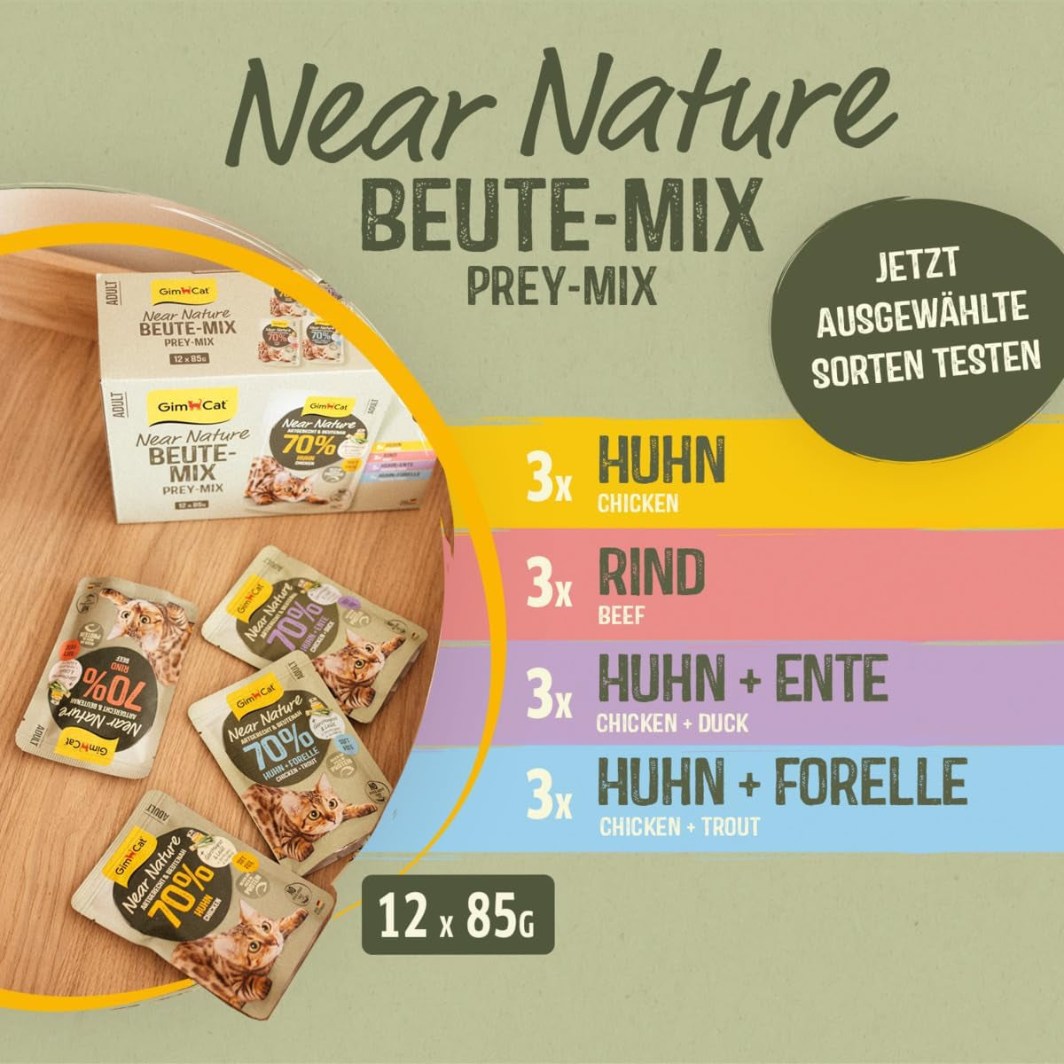 GimCat Near Nature Trial Mix 12-pack - Våtkornsfritt foder för katter från 7 månader med ett lämpligt och bytesspecifikt recept - 12 påsar (12 x 85g)