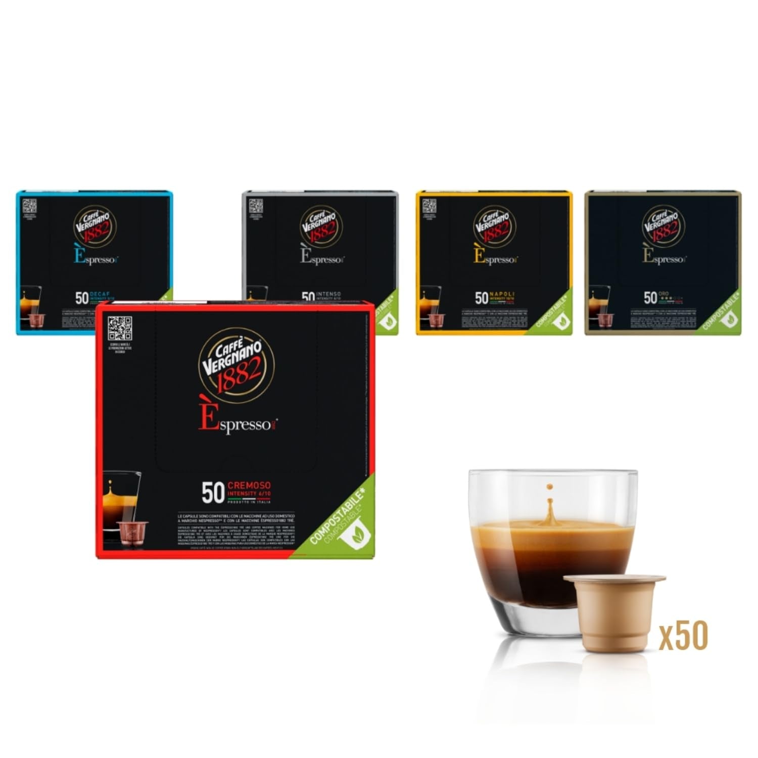 Caffè Vergnano 1882 - Èspresso Kompostierbare Kaffeekapseln, kompatibel med Nespresso, Cremoso (Creamy) - Packung Enthält 50 Kapseln