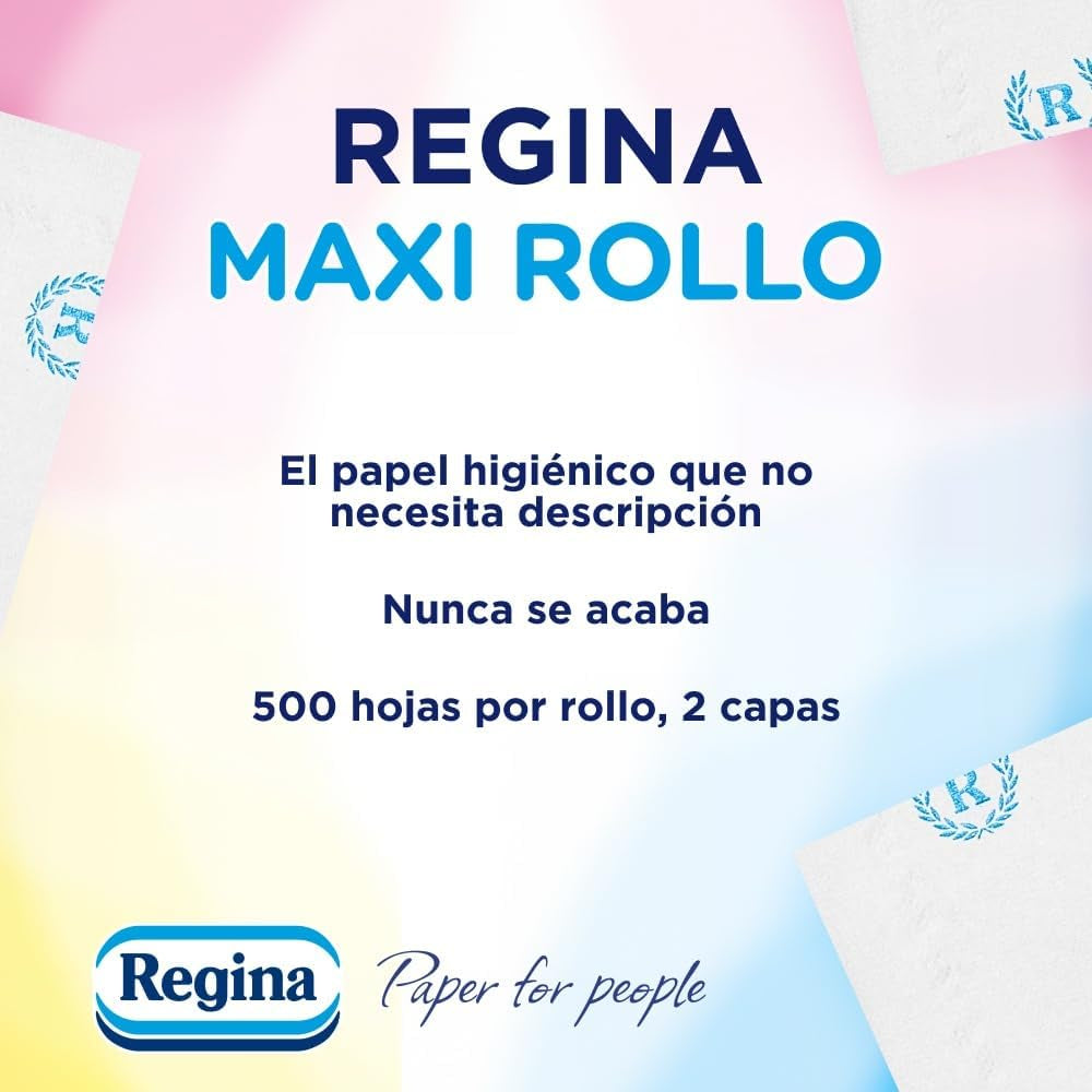 Regina Maxi Roll - 4 rullar toalettpapper, 500 2-lagers ark per rulle, mer än tre gånger en standardrulle, 60 % återvunnen plastförpackning, 100 % Fsc-certifierat papper