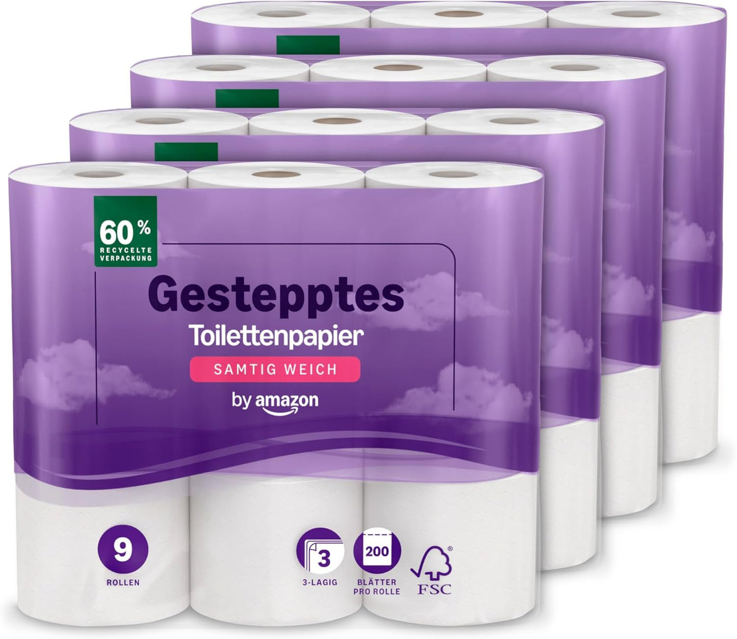 By Amazon Toalettpapper, 3-lagers vadderat, sammetsmjukt, 36 rullar (9 rullar, paket med 4), 200 ark per rulle, Fsc-certifierad