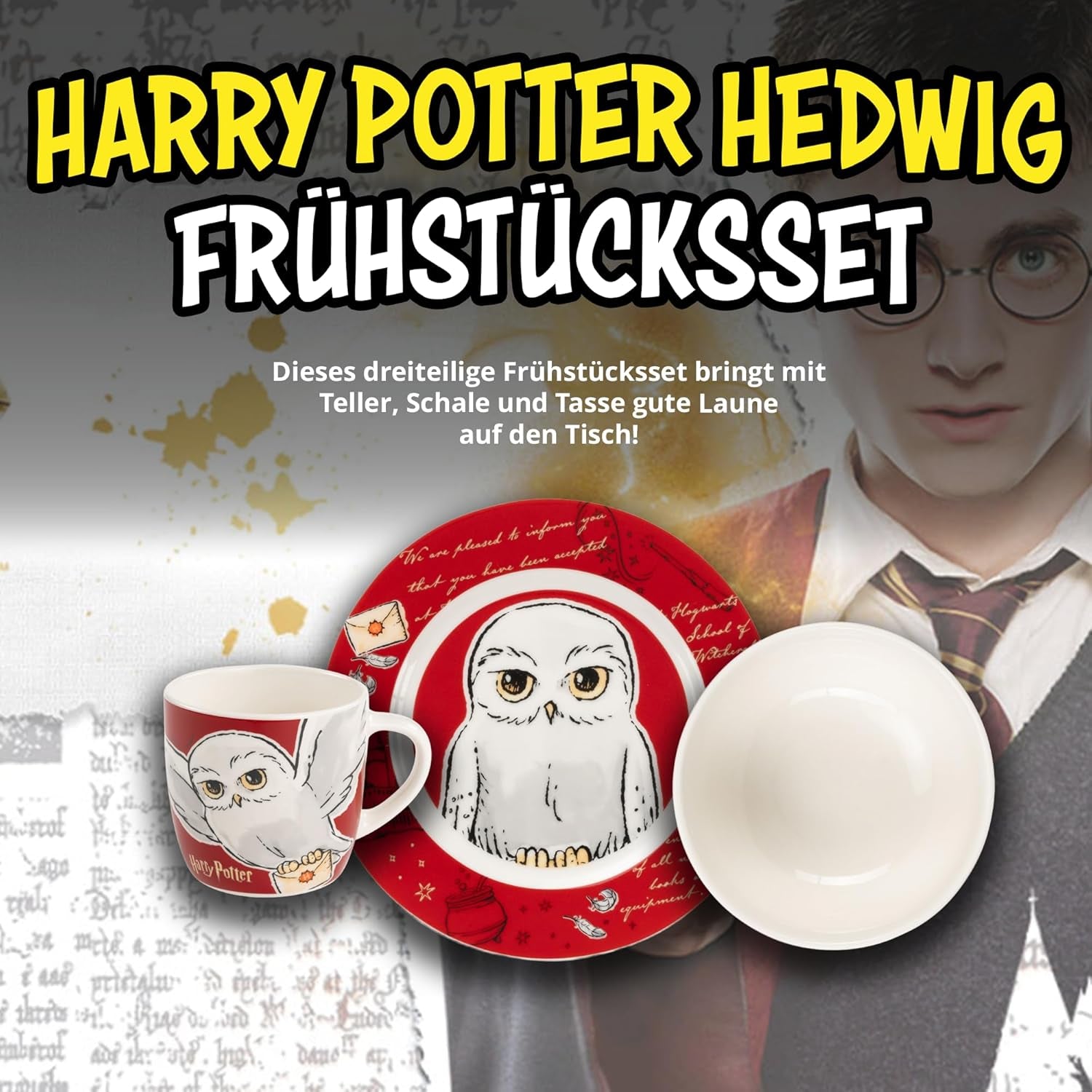 Harry Potter 3-delat servisset, rött, frukostset i porslin med tallrik Ø 19 cm, mugg 220 ml och skål 330 ml, servisset