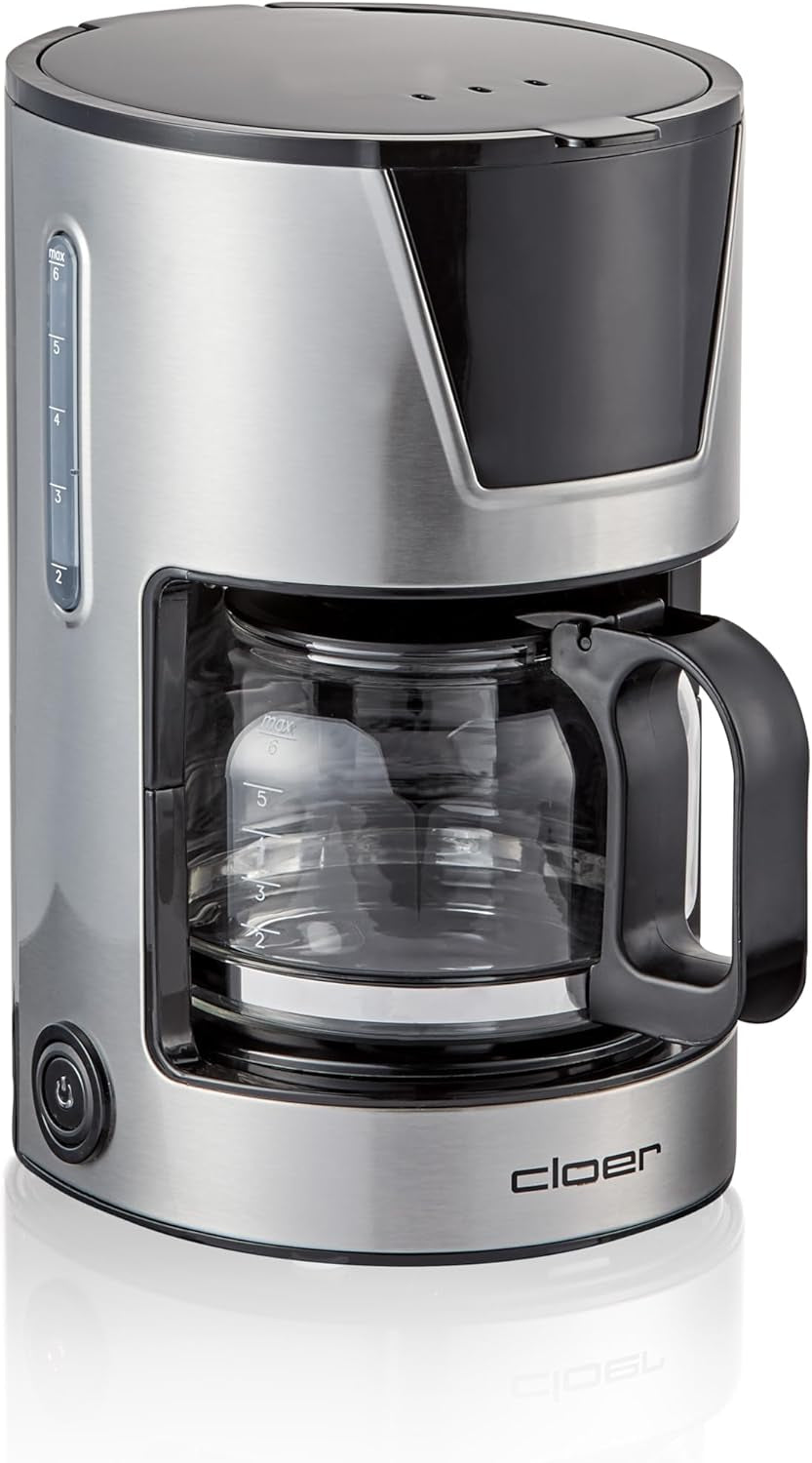 Cloer 6-kopps filter espressomaskin, skonsam varmhållningsfunktion, glaskaraff, mätsked, vattennivåindikator, antidroppsystem, automatisk avstängning, filterstorlek 1x2, 550W, rostfritt stål