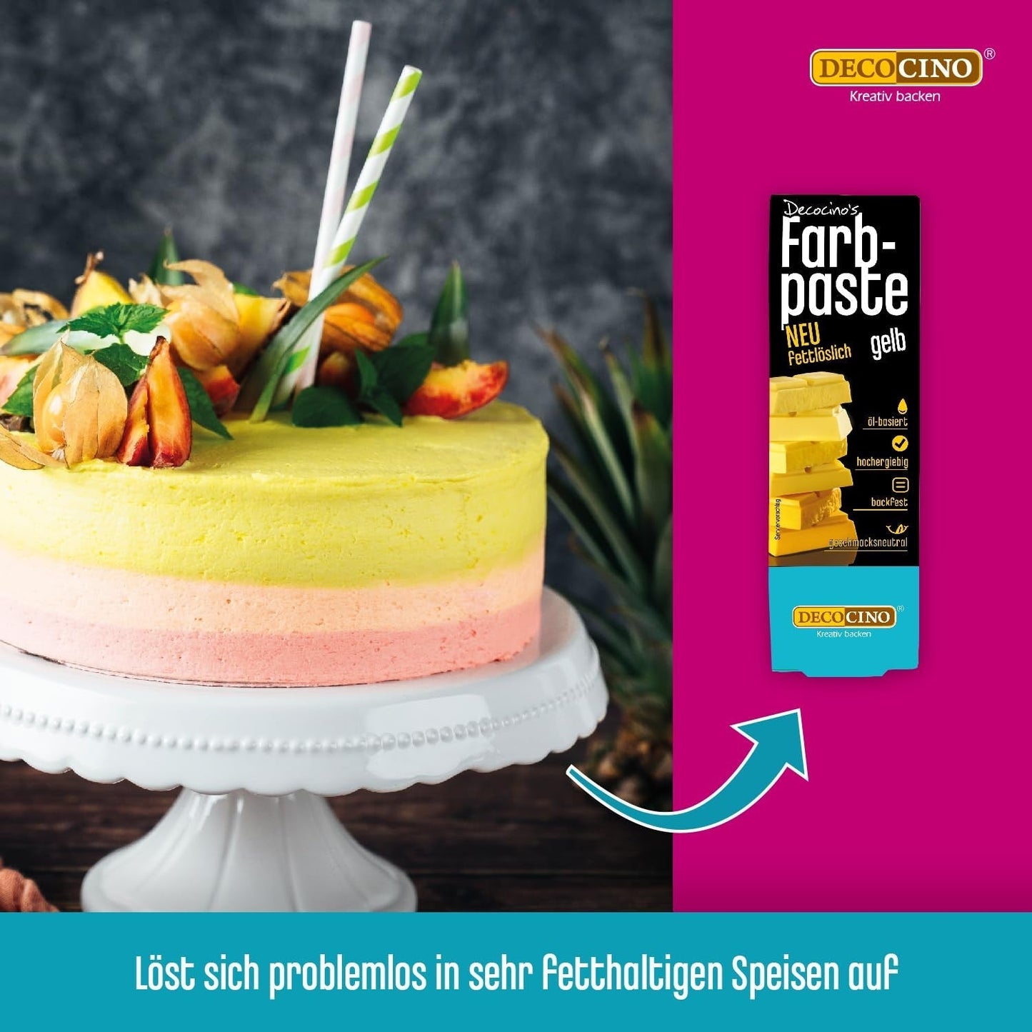 DECOCINO Gul fettlöslig färgpasta - 15 g - Oljebaserad matfärg, idealisk för färgning av choklad, smörkräm, fondant eller kakdeg