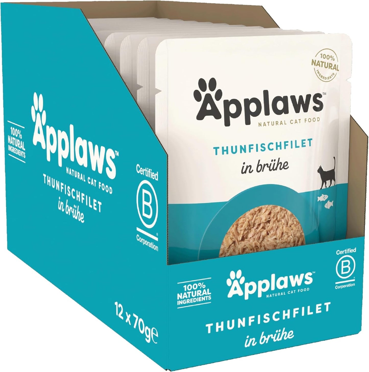 Applaws 100 % naturligt våtmat för kattmat tonfiskfiléer i buljong - förpackning med 12 påsar à 70 g