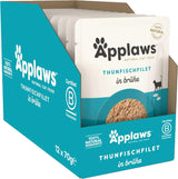 Applaws 100 % naturligt våtmat för kattmat tonfiskfiléer i buljong - förpackning med 12 påsar à 70 g