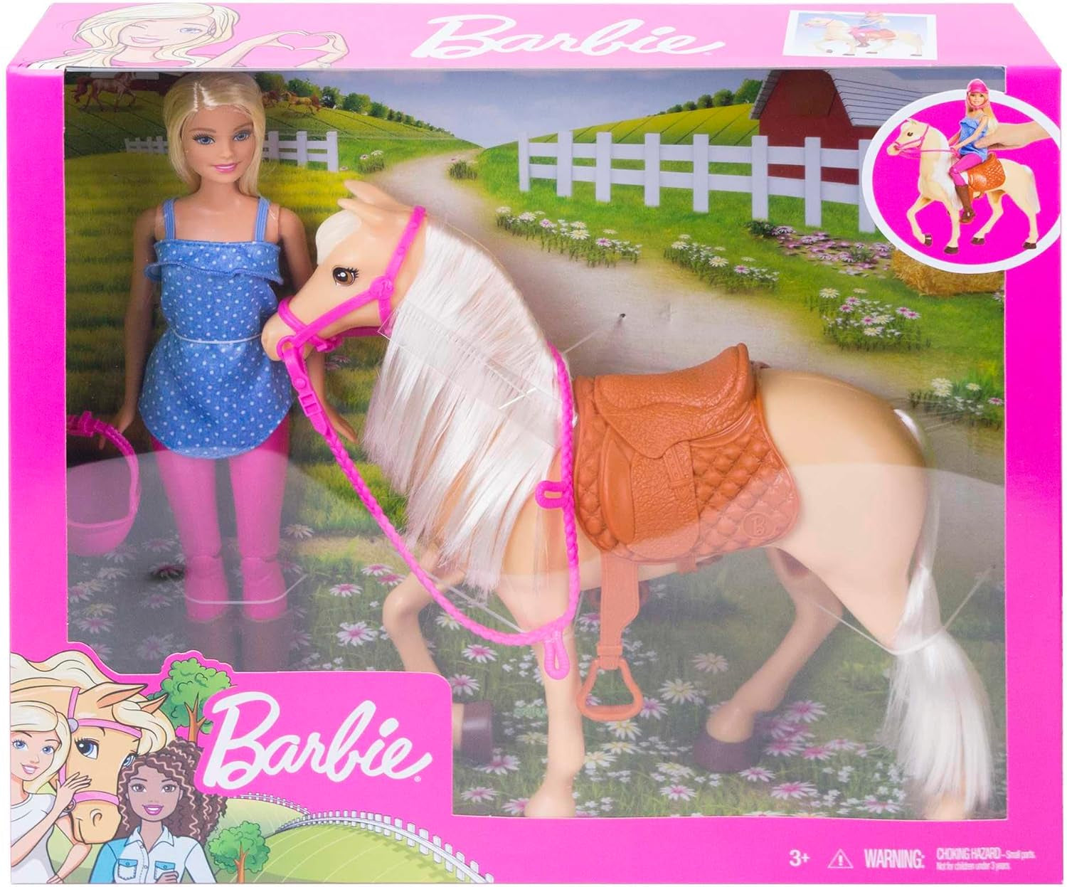 Barbiedocka och hästleksak, ridtillbehör, innehåller 1 docka och 1 häst, lämplig som present till barn från 3 år och uppåt, FXH13