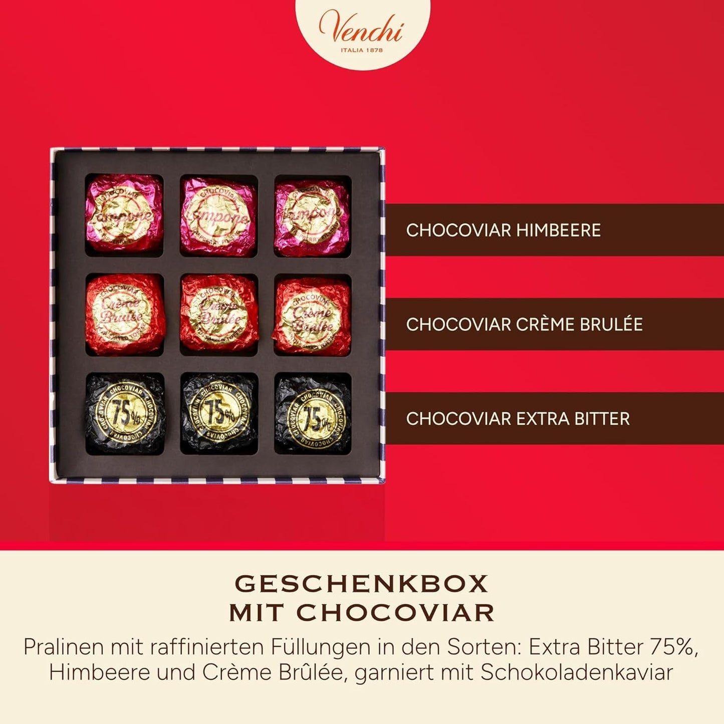 Venchi - Box med 9 olika choklad, 175 g, glutenfri, inga konstgjorda färger eller konserveringsmedel, alla hjärtans dag presentidé