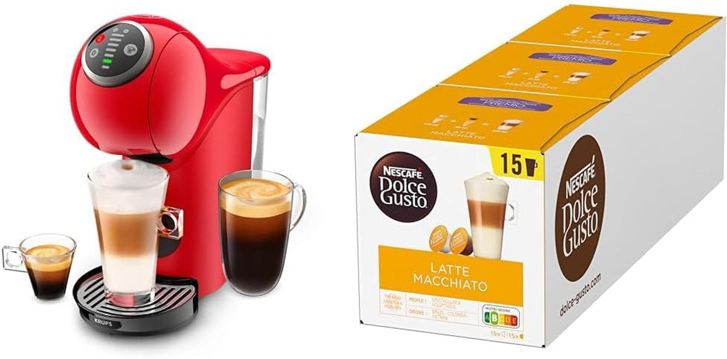 NESCAFÉ DOLCE GUSTO Krups KP3405 Genio S Plus Kapselmaskin | Espresso Boost, 15 bars pumptryck | 0,8 L vattentank | 1500 Watt | Färg Röd med Latte Macchiato