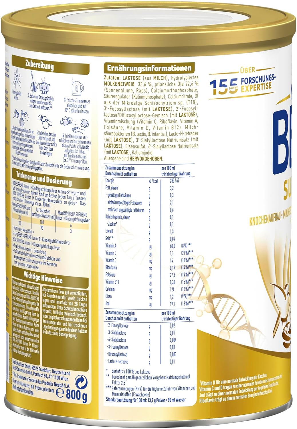 BEBA SUPREME JUNIOR 1 Plus - Dryck för barn från 1 år, med komplex 6 HMO, laktosfri, palmoljefri, fiskoljefri, mat för små barn, babymjölkspulver, förpackning om 6 (6 x 800g)