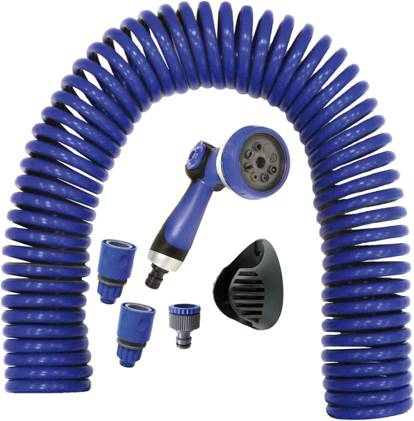 590078 – Spiralslangsats, blå, 15 meter (diameter 9 mm) + multifunktionspistol med 8 munstycken + automatisk invändig gänga med ¾-½ adapter + 2 snabbkopplingar + upphängningsfäste