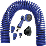 590078 – Spiralslangsats, blå, 15 meter (diameter 9 mm) + multifunktionspistol med 8 munstycken + automatisk invändig gänga med ¾-½ adapter + 2 snabbkopplingar + upphängningsfäste