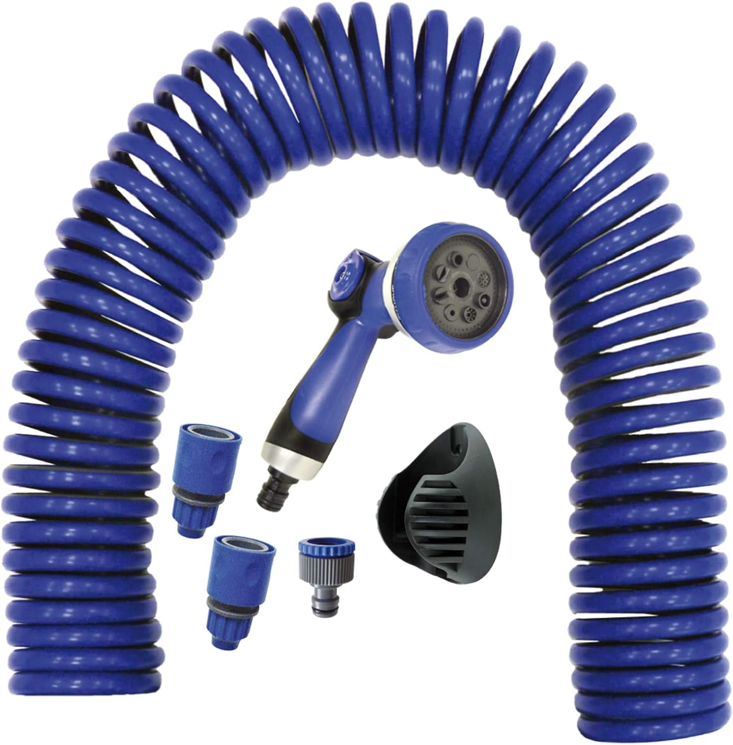 590078 – Spiralslangsats, blå, 15 meter (diameter 9 mm) + multifunktionspistol med 8 munstycken + automatisk invändig gänga med ¾-½ adapter + 2 snabbkopplingar + upphängningsfäste
