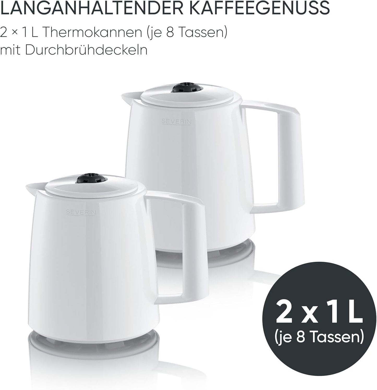 Severin espressomaskin med filter och 2 termokannor, espressomaskin med lock, droppfri upphällning, lång temperaturhållning, automatisk avstängning, 1000 W, ca. 1 liter, vit, KA 9309