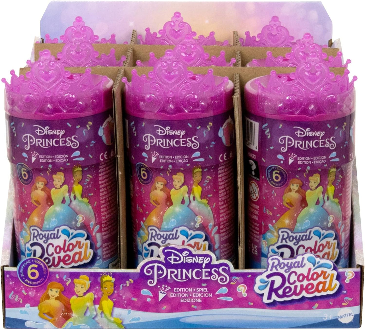 Disney Princess Color Reveal - 6 överraskningsvattenaktiverade dockor, tillbehör, för barn från 3+, Ariel, Tiana, Mulan, Askungen, Belle, Aurora, HPX39