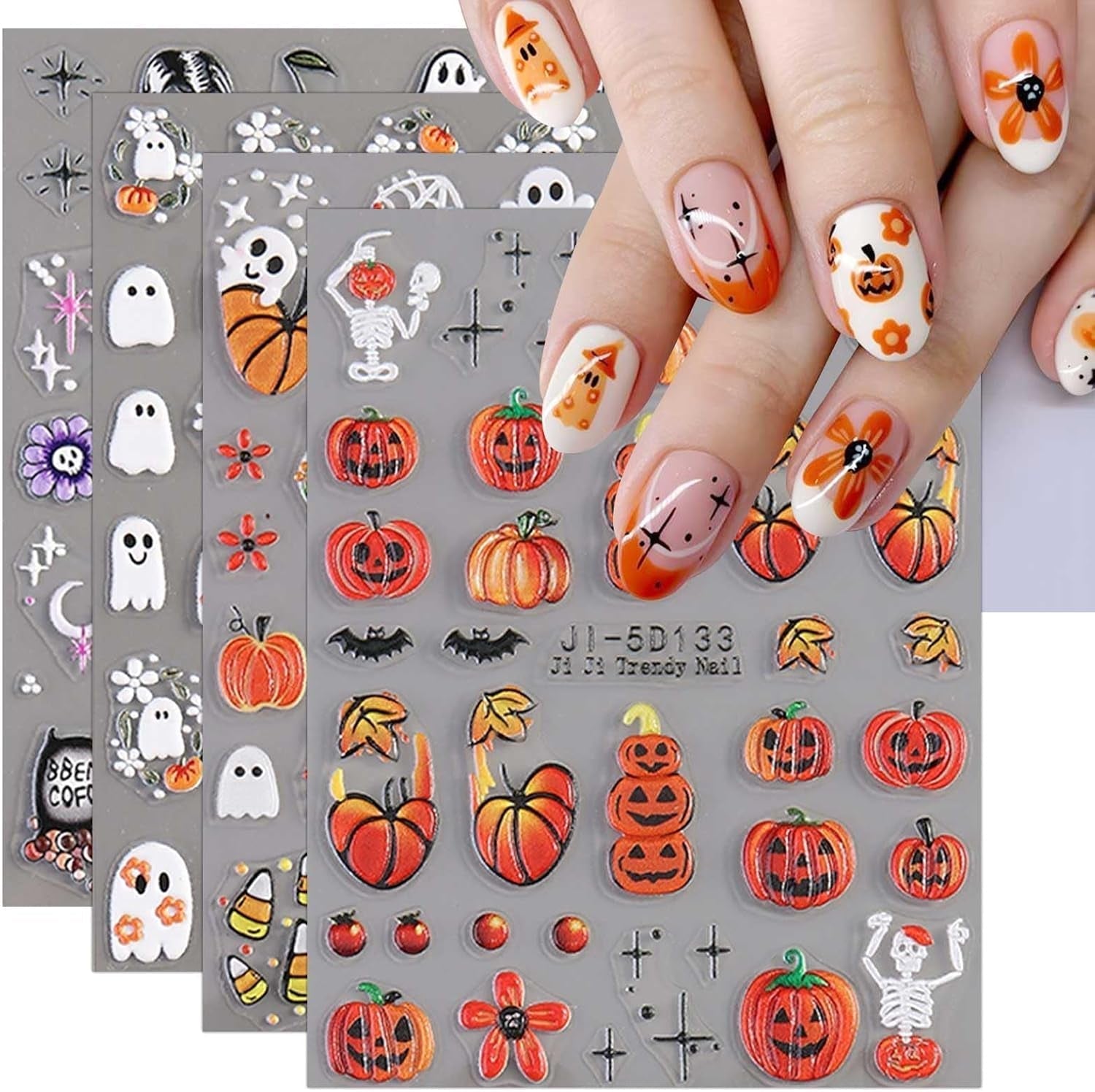 JMEOWIO 3D Nagelsticker Halloween Nail Art Sticker Selbstklebend Nagelaufkleber 5D Stereoskopisk Süßer Geisterkürbis Dekoration Nageldesign Zubehör 4 Blatt