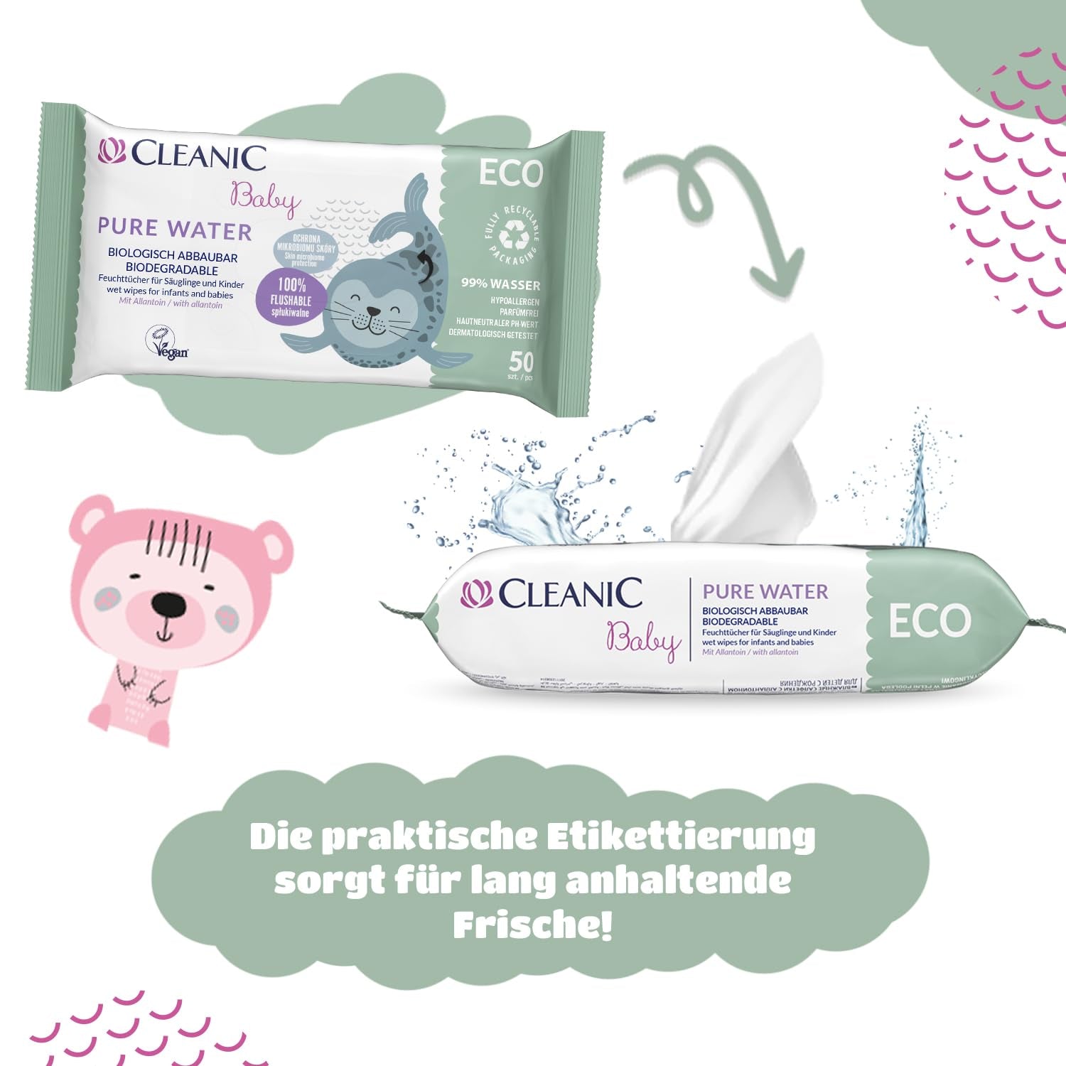 Cleanic Baby Eco Pure Water Wet Wipes – (1 x 50 st.) Våtservetter för barn och spädbarn – parfymfri, sköljbar, känslig hud – 50 st.
