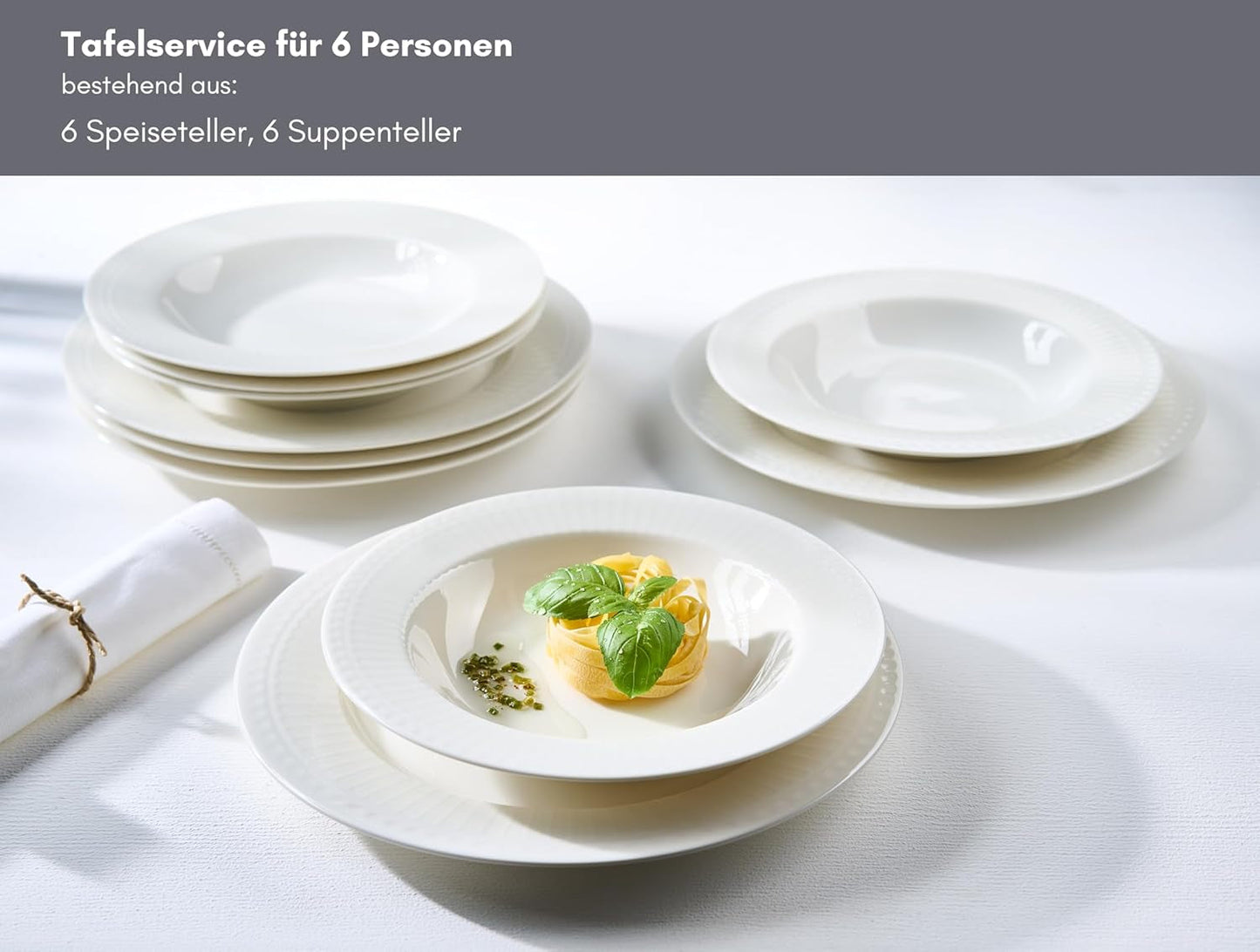 Ritzenhoff & Breker Sofia Tafelservice 12-teilig, Speiseteller (26 cm) och Suppenteller (22 cm) för 6 personer, Tafel-Set mit feinem Rillenrelief, Fine-Dining-Geschirr, Porzellan, Weiß