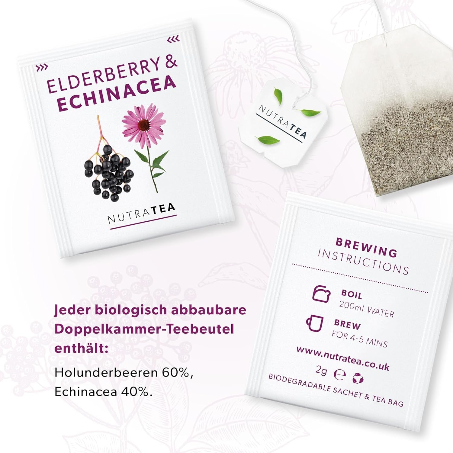 Nutra-te fläderbär & echinacea, immunitets- och förkylningste, immunstödste, kallkamp, ​​20 återanvändbara tepåsar, naturligt örtte