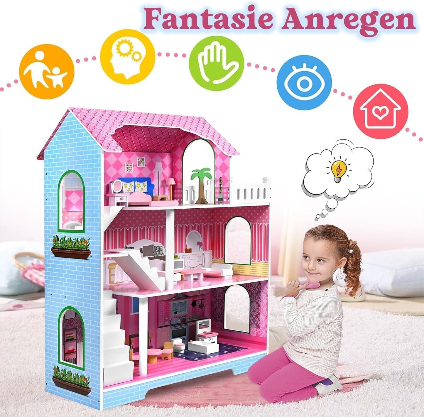 HENGMEI Puppenhaus Kinder Holz Puppenvilla Dollhouse Set Mädchen Spielset 3 Etagen Haus mit Möbeln och Zubehör, 70x30x100cm Puppenhäuser für Kinder (Typ B)