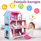 HENGMEI Puppenhaus Kinder Holz Puppenvilla Dollhouse Set Mädchen Spielset 3 Etagen Haus mit Möbeln och Zubehör, 70x30x100cm Puppenhäuser für Kinder (Typ B)