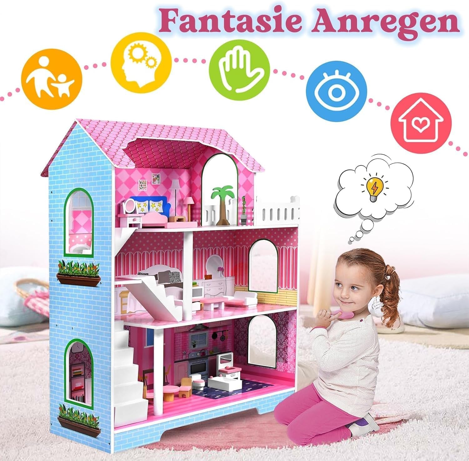 HENGMEI Puppenhaus Kinder Holz Puppenvilla Dollhouse Set Mädchen Spielset 3 Etagen Haus mit Möbeln och Zubehör, 70x30x100cm Puppenhäuser für Kinder (Typ B)